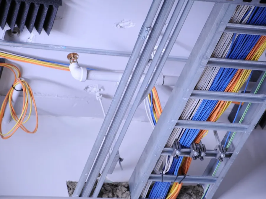Gaines et câbles de couleur passés dans un faux plafond en cours de chantier